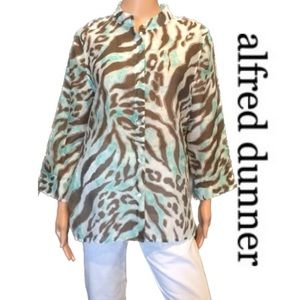 ALFRED DUNNER WOMAN Chocolate, Aqua & White Boho Button Down Blouse Size 22